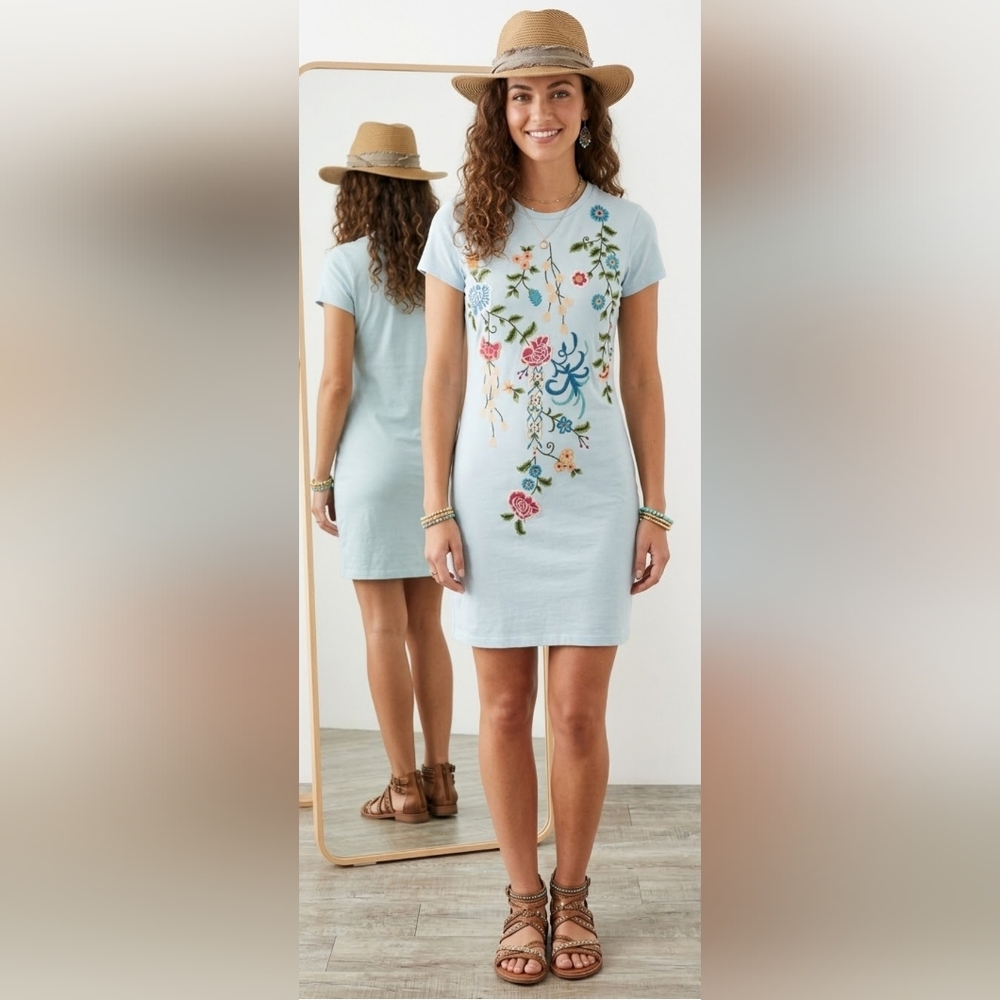 Casual XS Boho Chic Floral Embroidered Cotton Tee Shirt Dress New